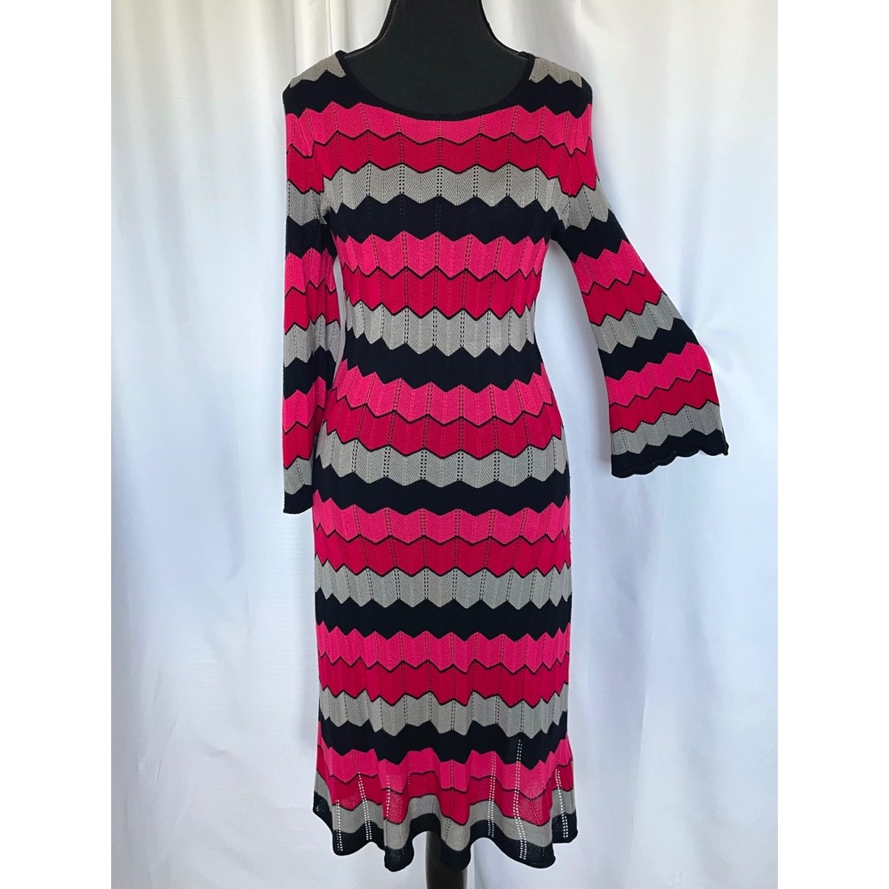 Jonathan Martin Midi Sweater Dress Sz M Open Knit Pink Black Chevron Bell Sleeve